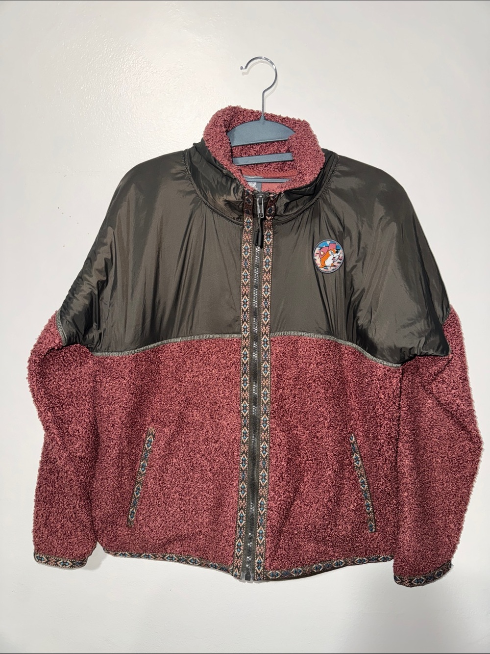 Plush Sherpa Zip-Up Jacket in Dusty Rose and Olive Buc-ee’s